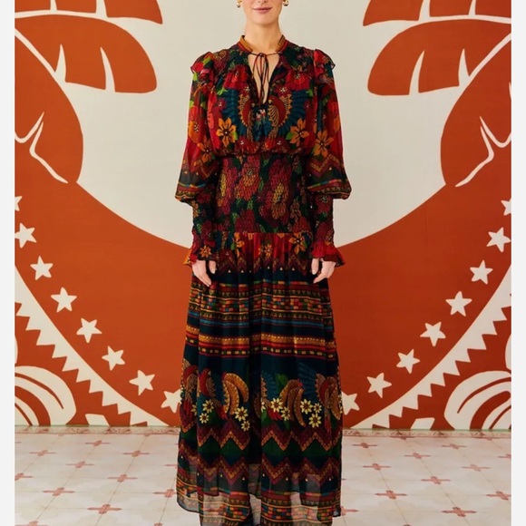 FARM Rio Red and Black Long Sleeve Gown with Bishop Sleeves - Picture 2 of 9